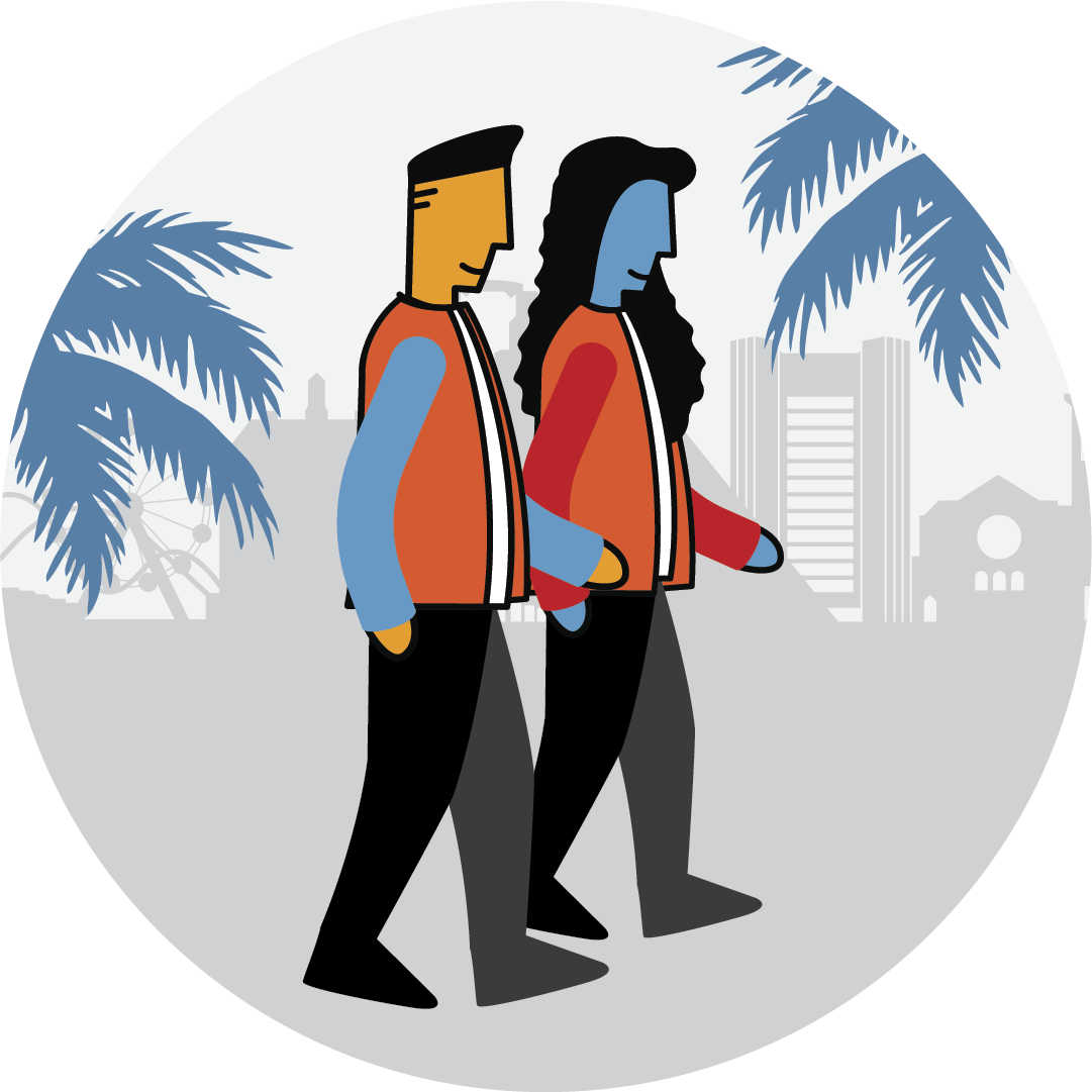 Illustration of two people walking outside in a city with palm trees